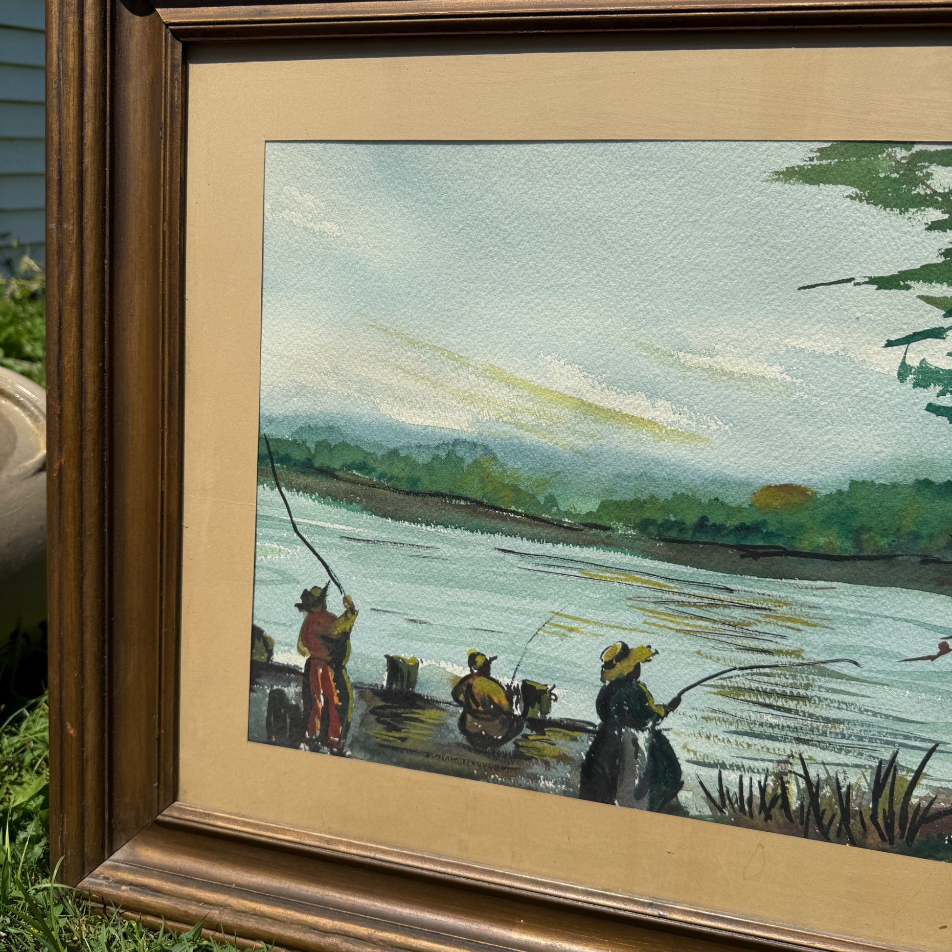 Vintage Mid-Century Framed Watercolor Art Fishing on Pier Lake Cabin Scene
