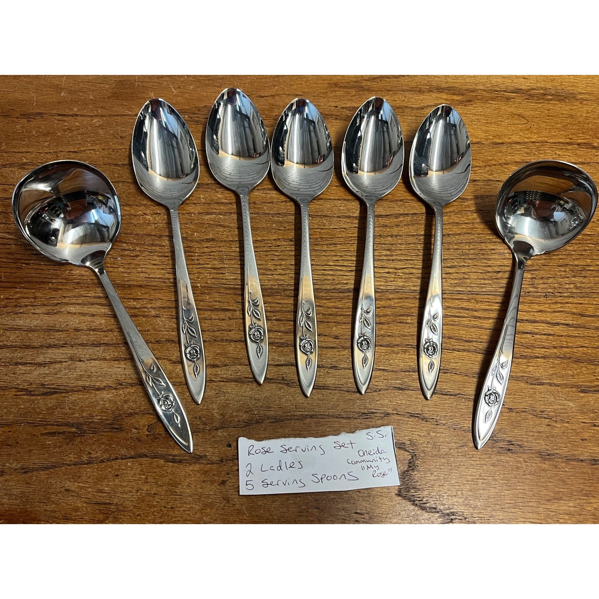 Vintage My Rose Oneida Stainless Serving Spoons & Ladles Serving 7pc Silverware