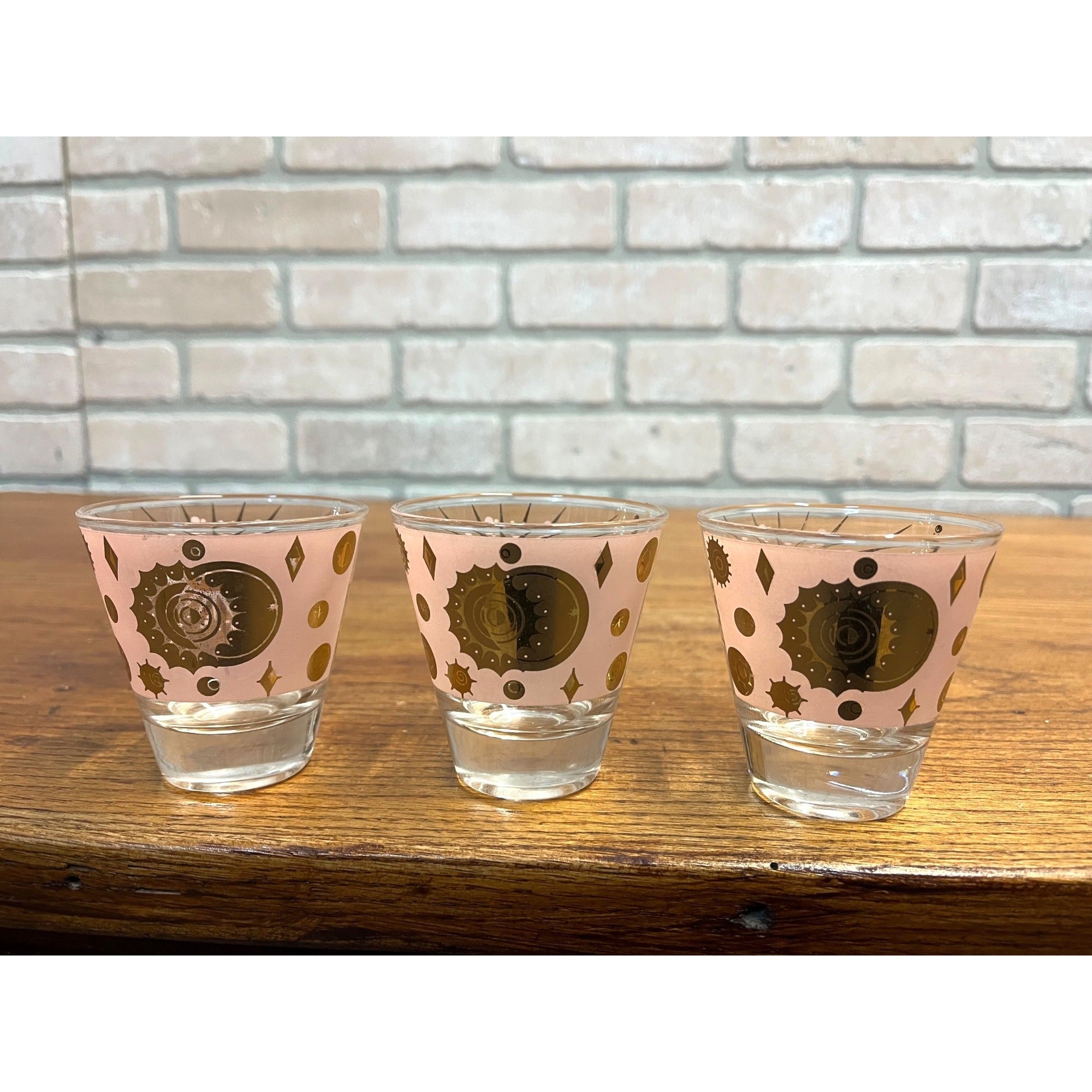 RARE Fred Press Celestial Eclipse Starburst Rocks Glass Pink & Gold Set (3) MCM