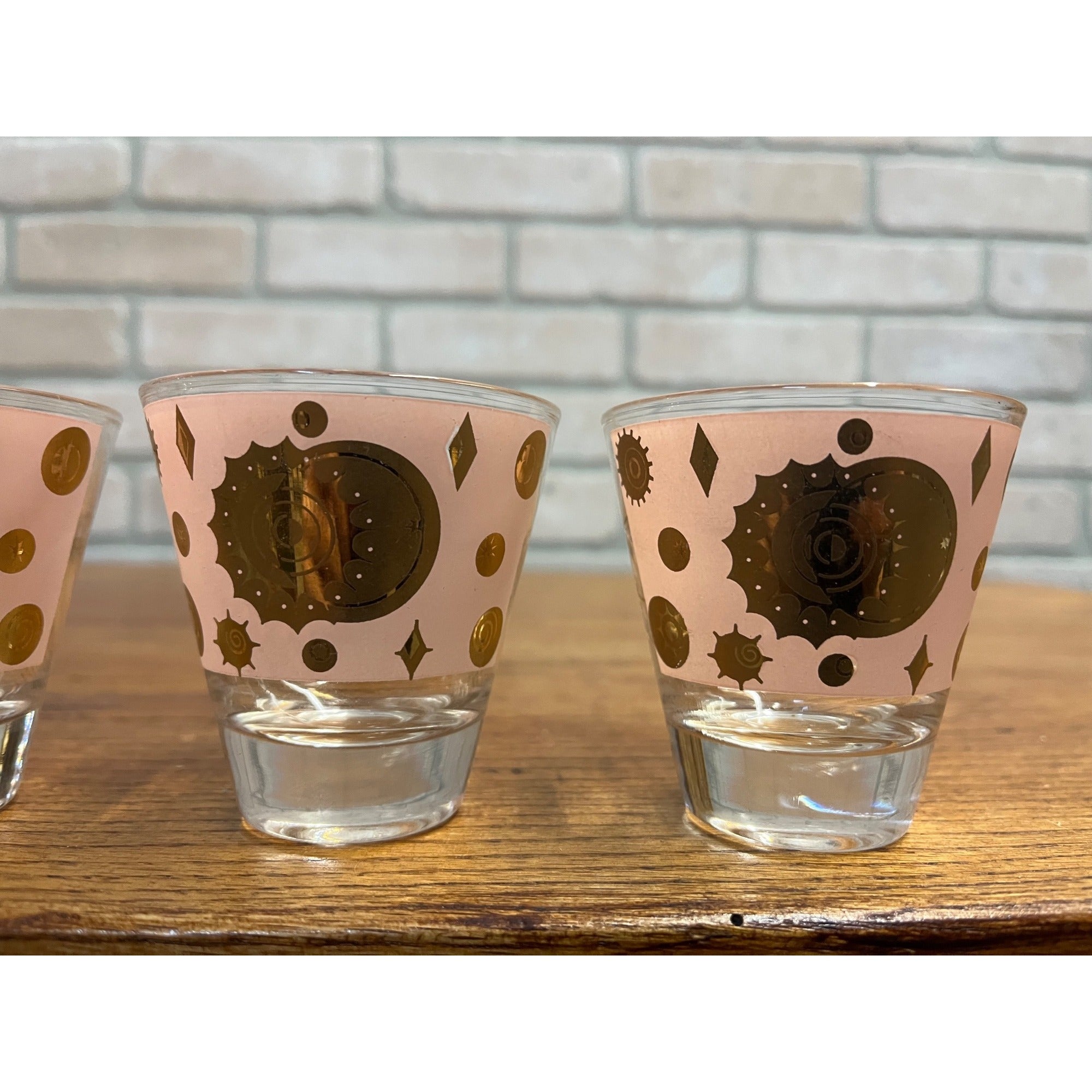 RARE Fred Press Celestial Eclipse Starburst Rocks Glass Pink & Gold Set (3) MCM