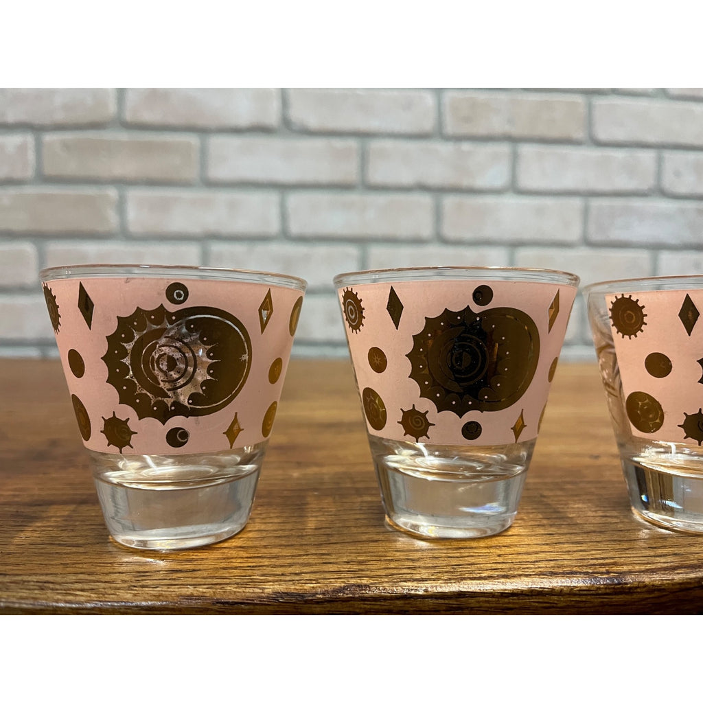 RARE Fred Press Celestial Eclipse Starburst Rocks Glass Pink & Gold Set (3) MCM