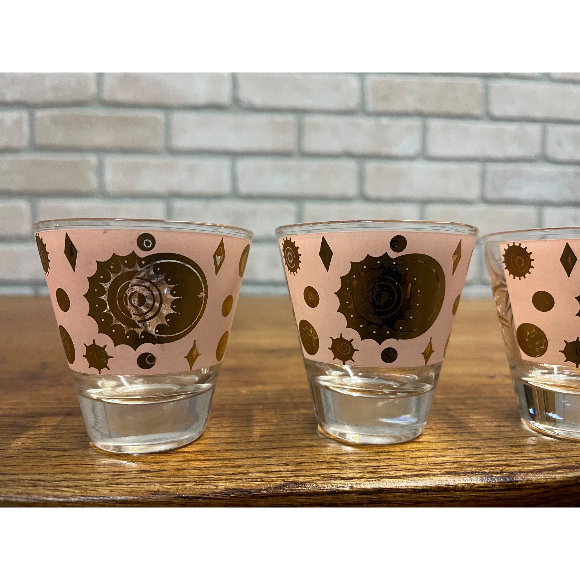 RARE Fred Press Celestial Eclipse Starburst Rocks Glass Pink & Gold Set (3) MCM