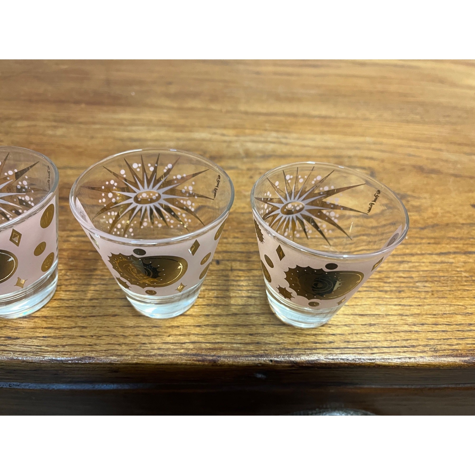 RARE Fred Press Celestial Eclipse Starburst Rocks Glass Pink & Gold Set (3) MCM
