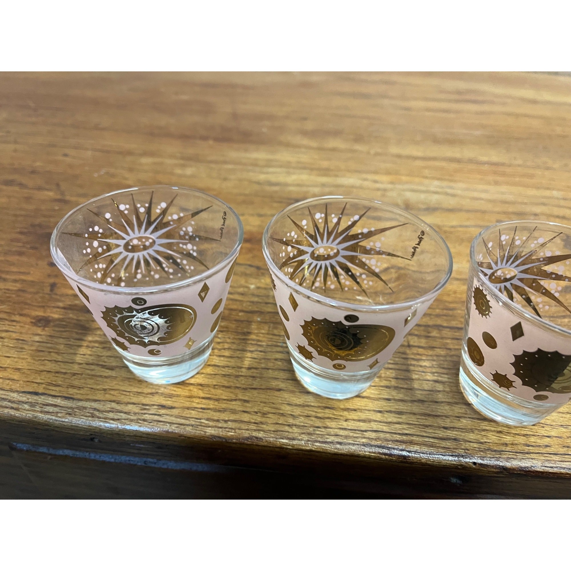 RARE Fred Press Celestial Eclipse Starburst Rocks Glass Pink & Gold Set (3) MCM