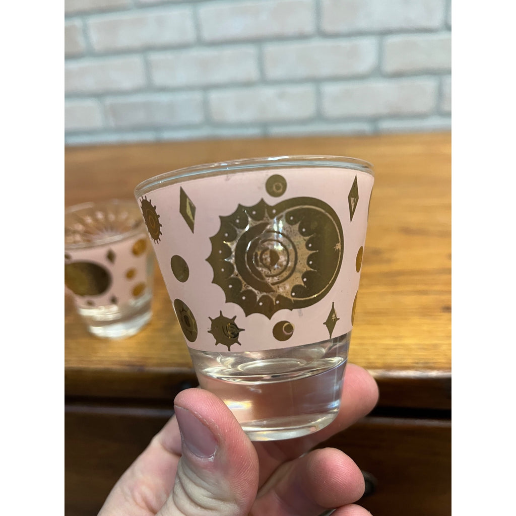 RARE Fred Press Celestial Eclipse Starburst Rocks Glass Pink & Gold Set (3) MCM