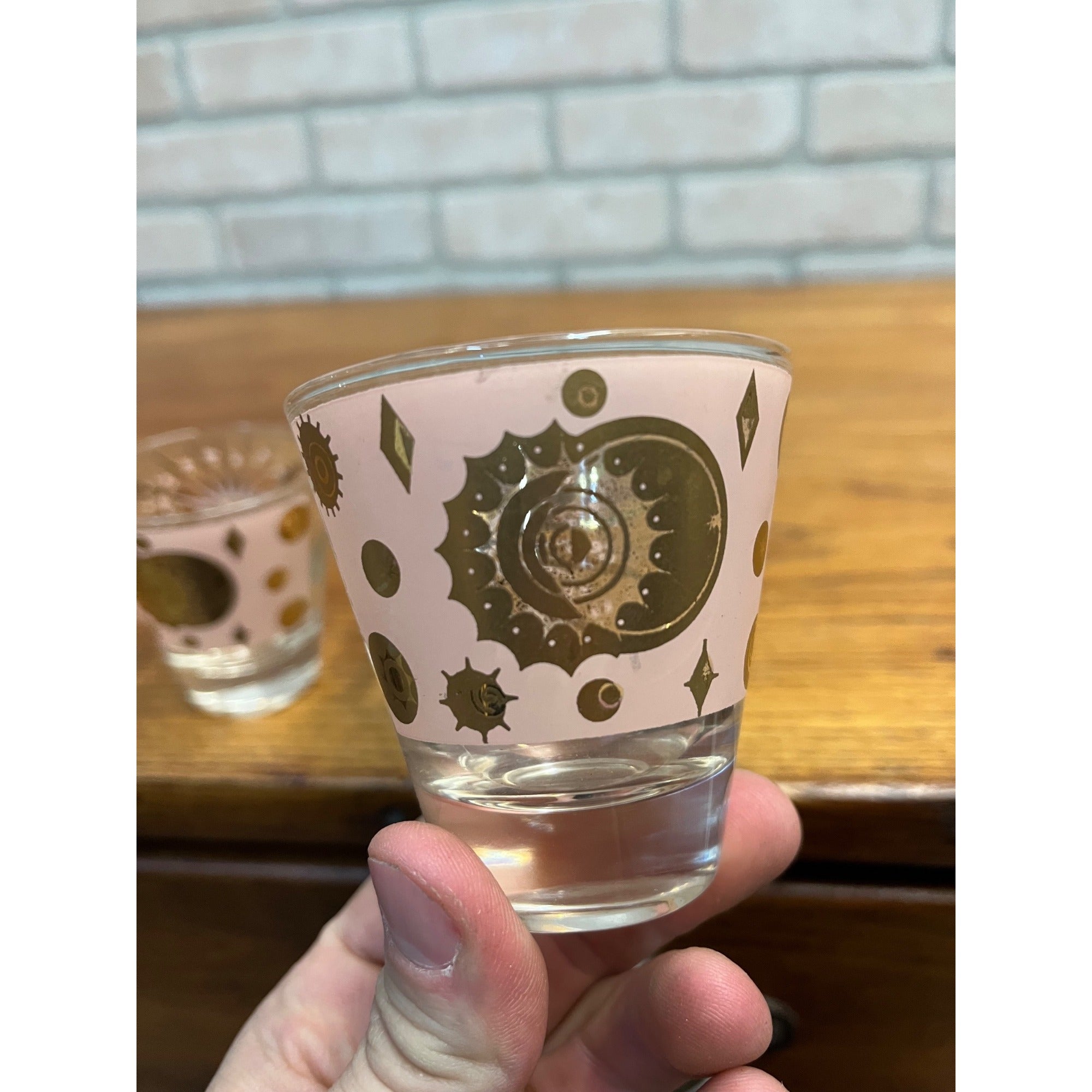RARE Fred Press Celestial Eclipse Starburst Rocks Glass Pink & Gold Set (3) MCM