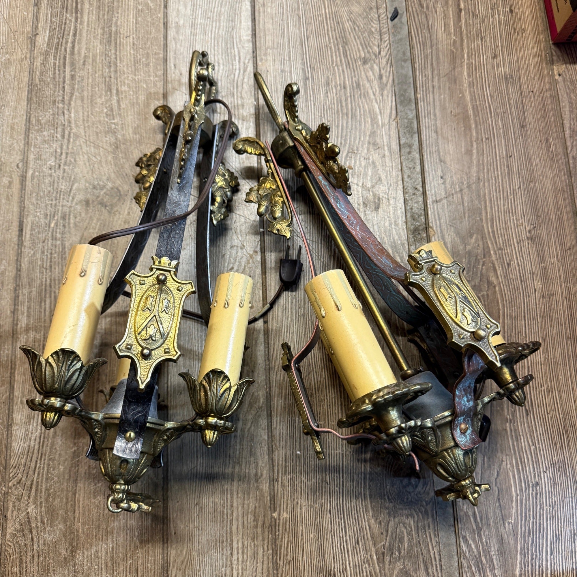 Antique Art Nouveau Hanging Ceiling Light Fixtures Pair Brass Acorns 3-Bulb