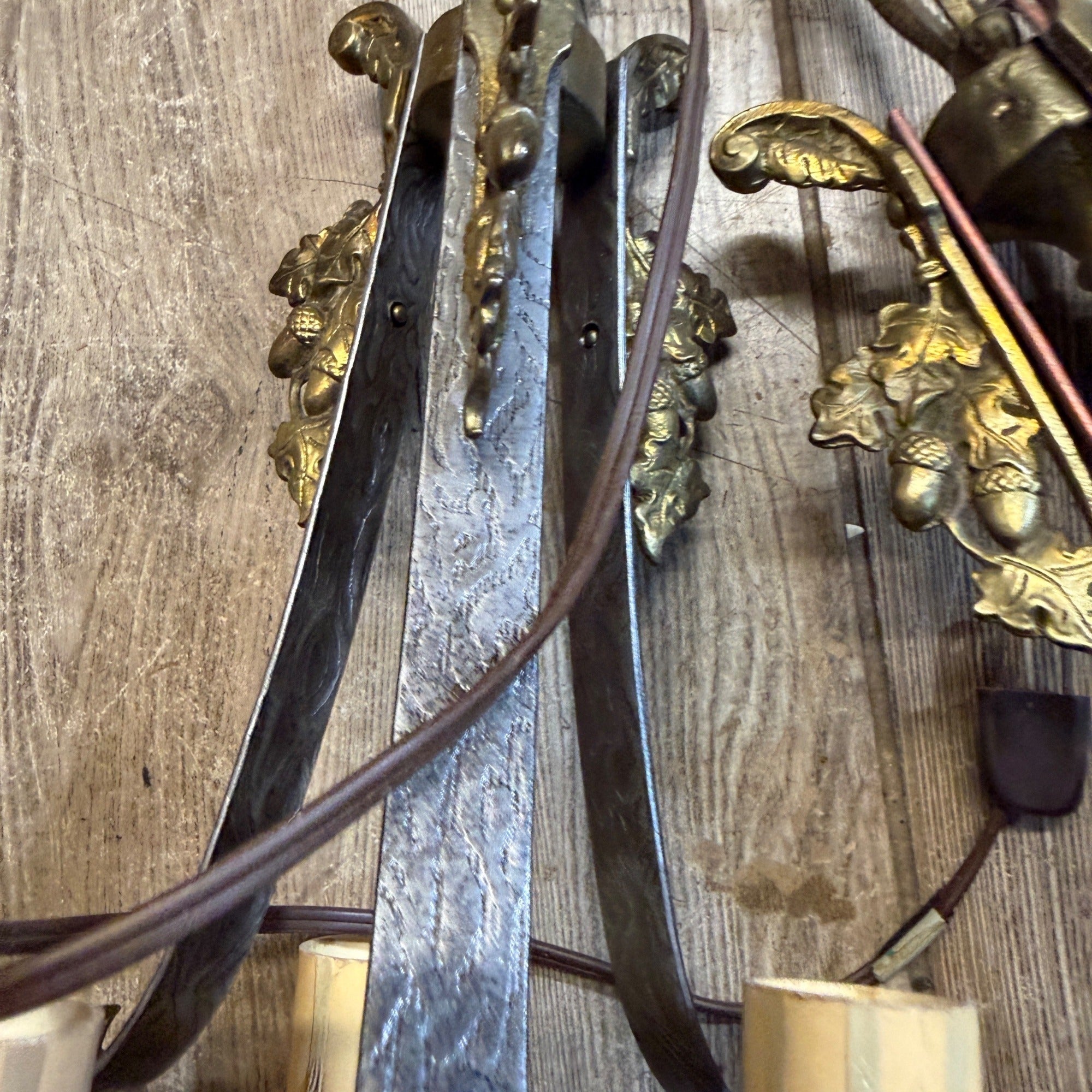 Antique Art Nouveau Hanging Ceiling Light Fixtures Pair Brass Acorns 3-Bulb