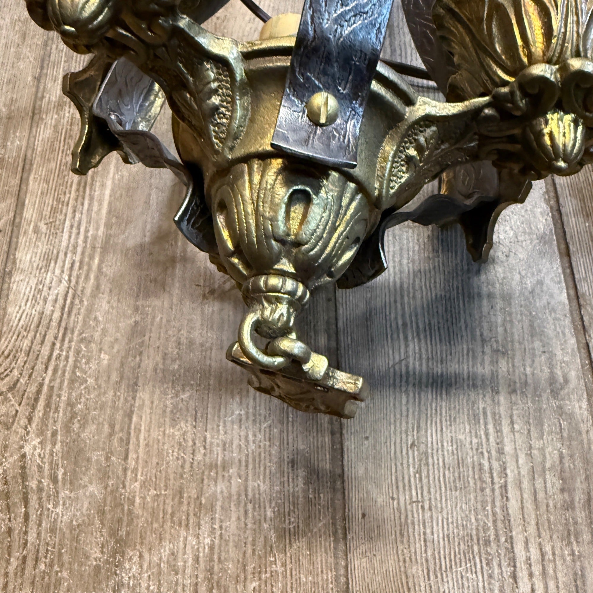 Antique Art Nouveau Hanging Ceiling Light Fixtures Pair Brass Acorns 3-Bulb