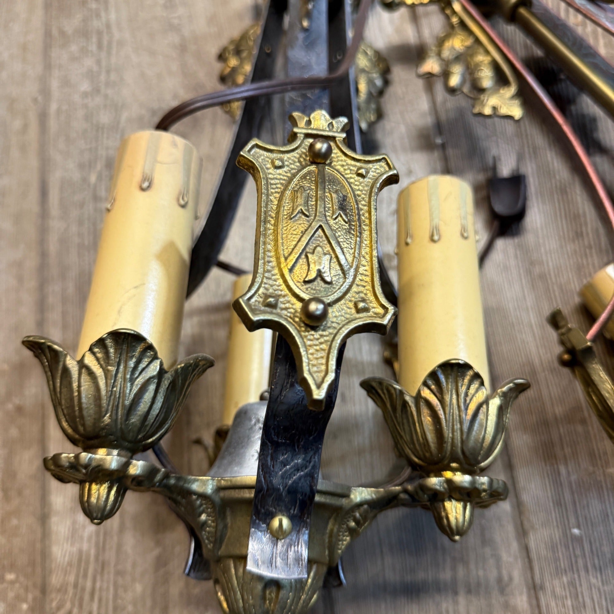 Antique Art Nouveau Hanging Ceiling Light Fixtures Pair Brass Acorns 3-Bulb