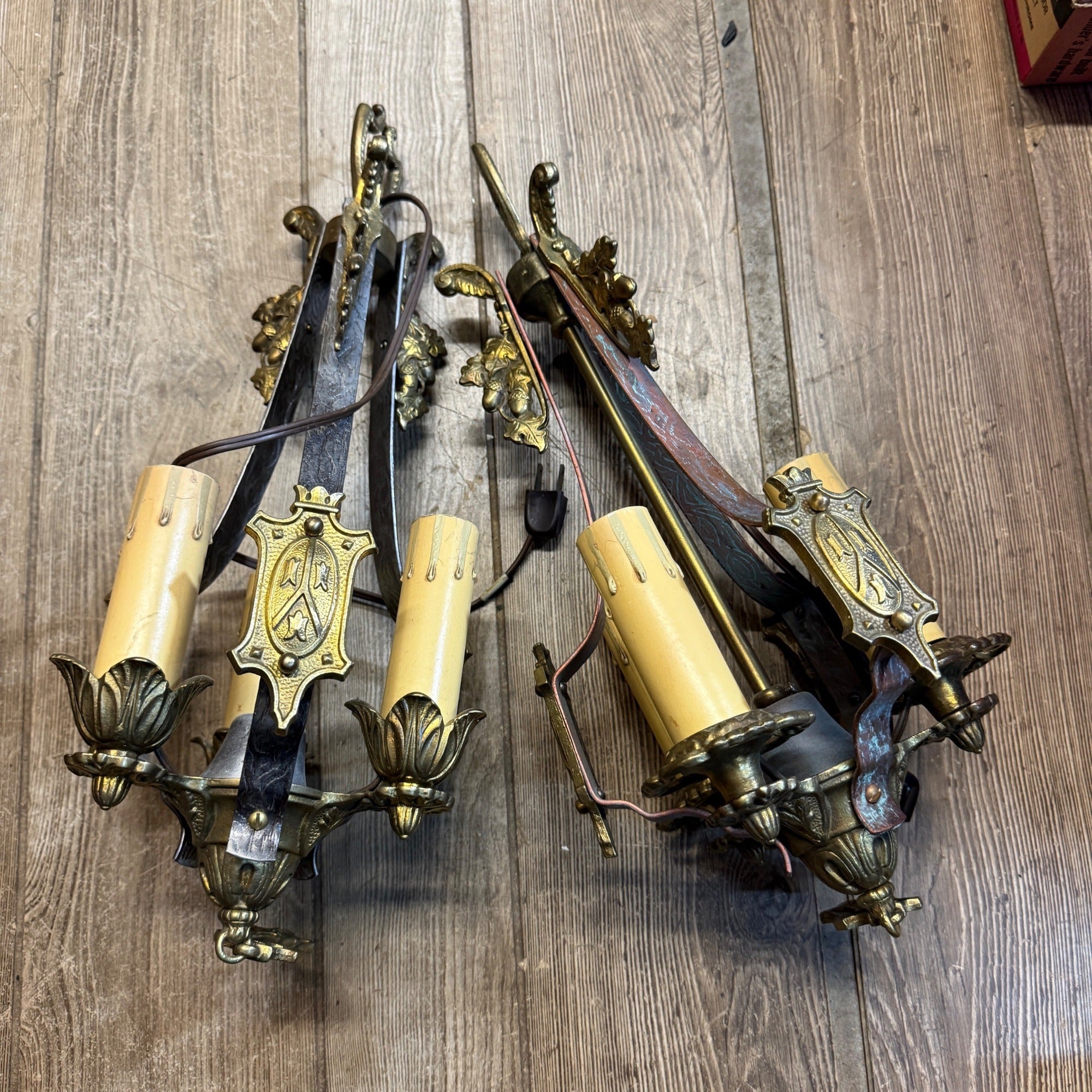 Antique Art Nouveau Hanging Ceiling Light Fixtures Pair Brass Acorns 3-Bulb