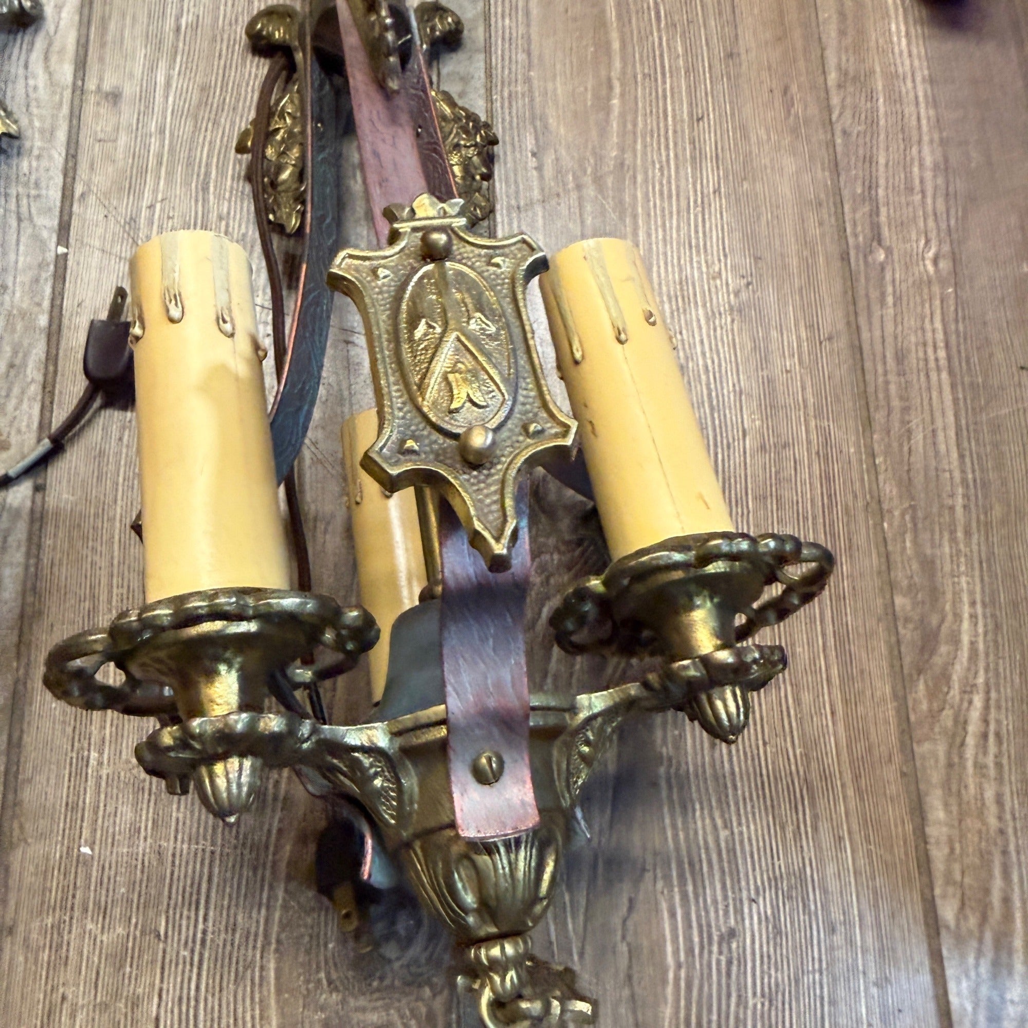 Antique Art Nouveau Hanging Ceiling Light Fixtures Pair Brass Acorns 3-Bulb