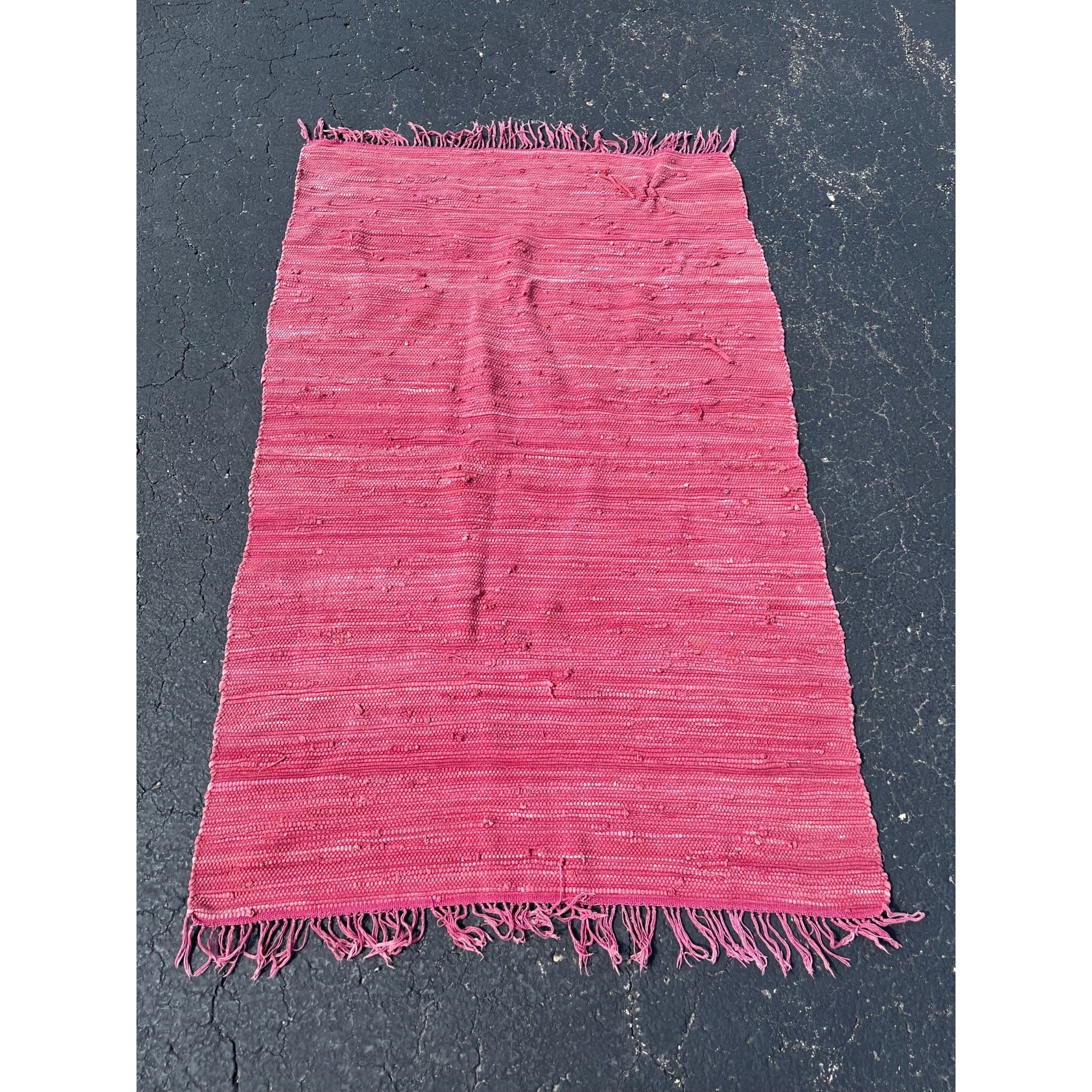 Vintage Handwoven Pink Rag Rug Primitive Farmhouse Woven Cotton Rag Carpet