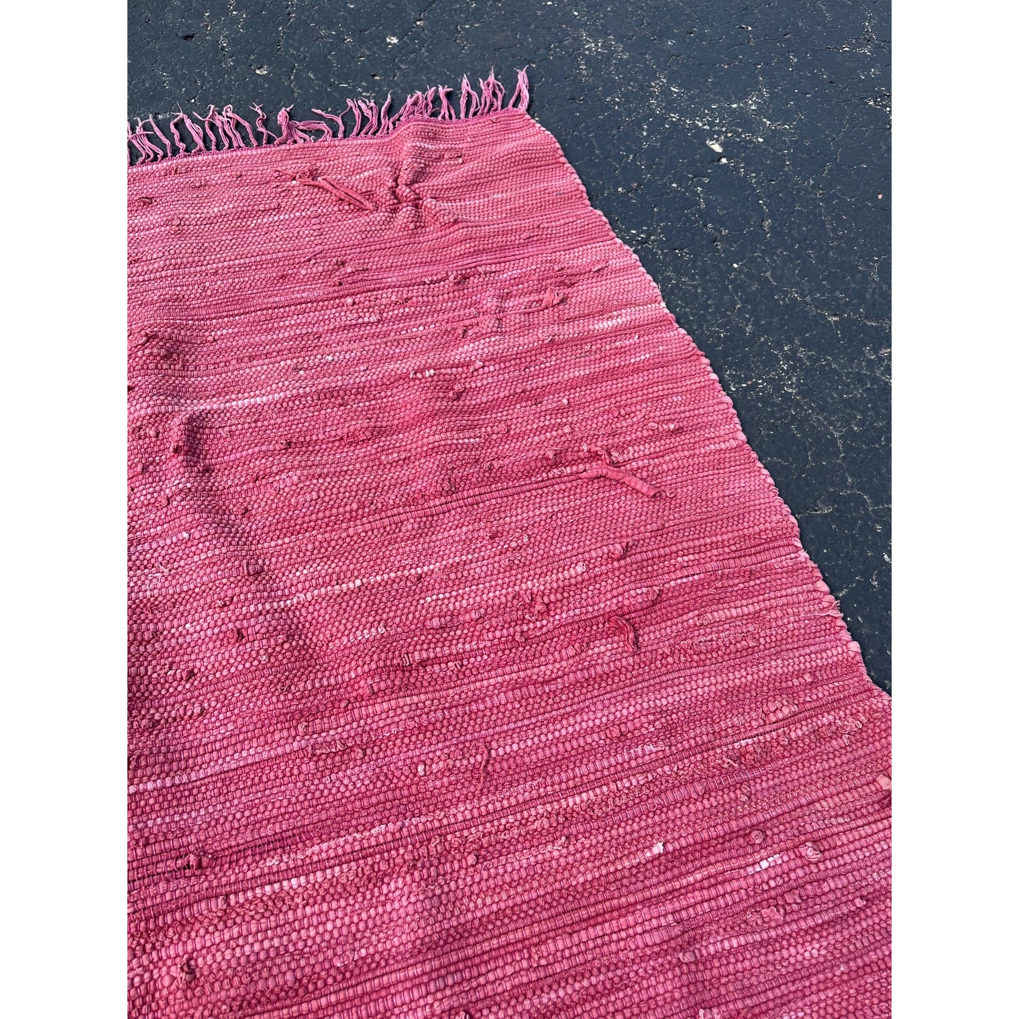 Vintage Handwoven Pink Rag Rug Primitive Farmhouse Woven Cotton Rag Carpet
