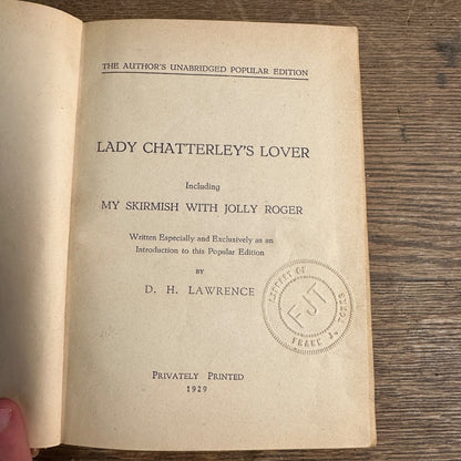 Lady Chatterly's Lover (D.H. Lawrence) 1929 1st Paris Edition Hardcover - VG