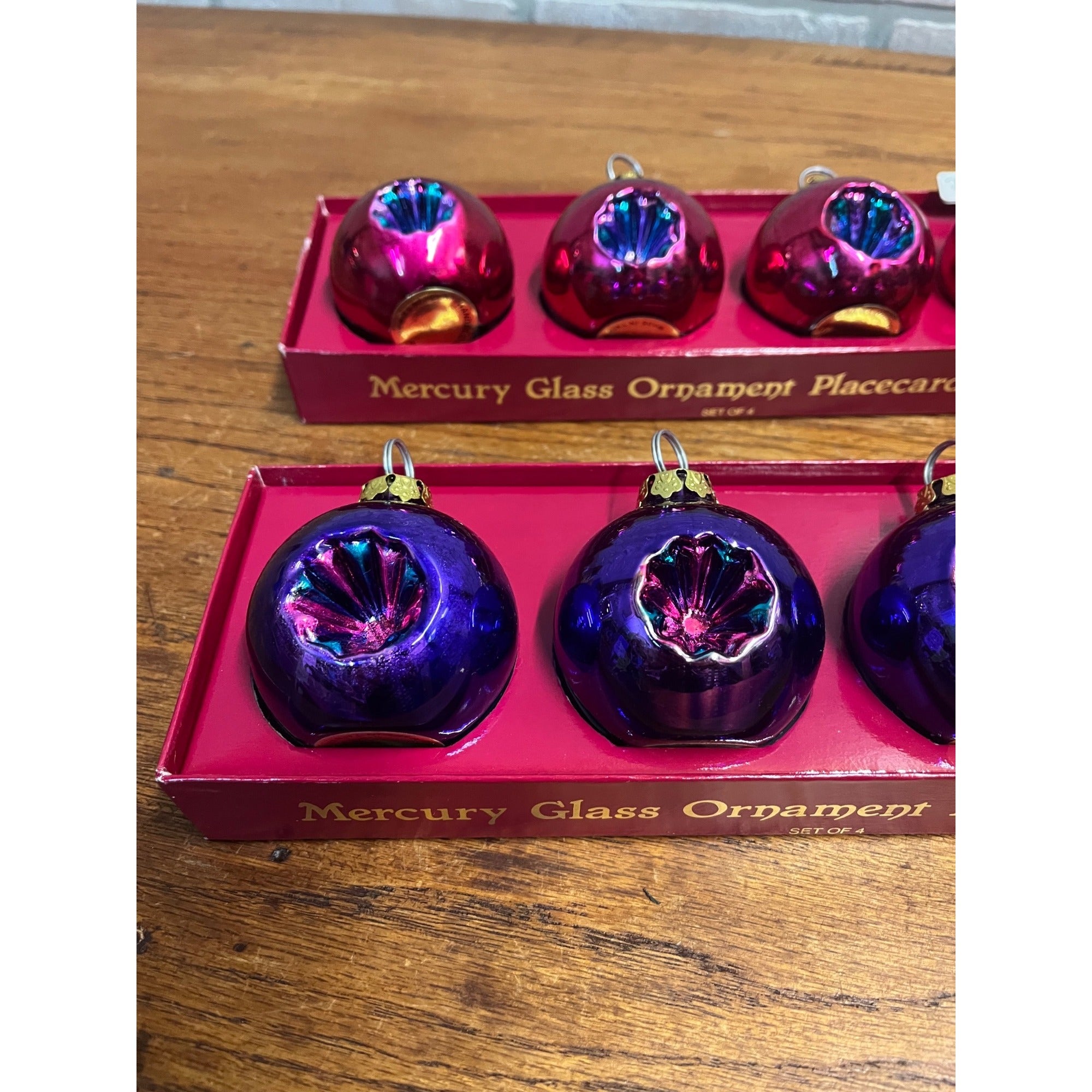 (8) Department 56, Purple Pink Place Card Holders Blown Glass Ball Ornament Set