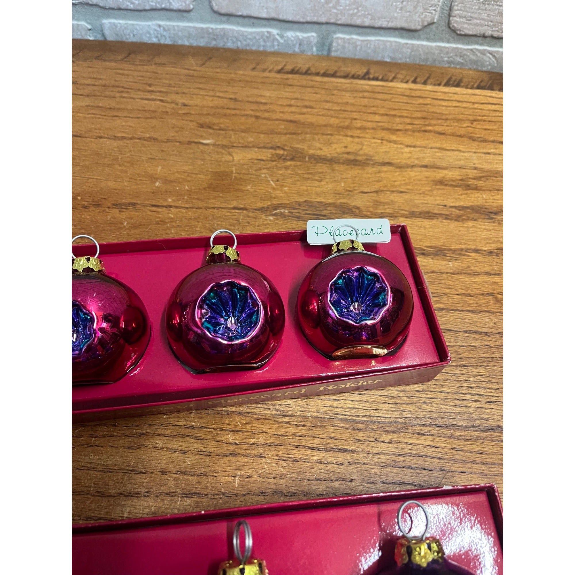(8) Department 56, Purple Pink Place Card Holders Blown Glass Ball Ornament Set