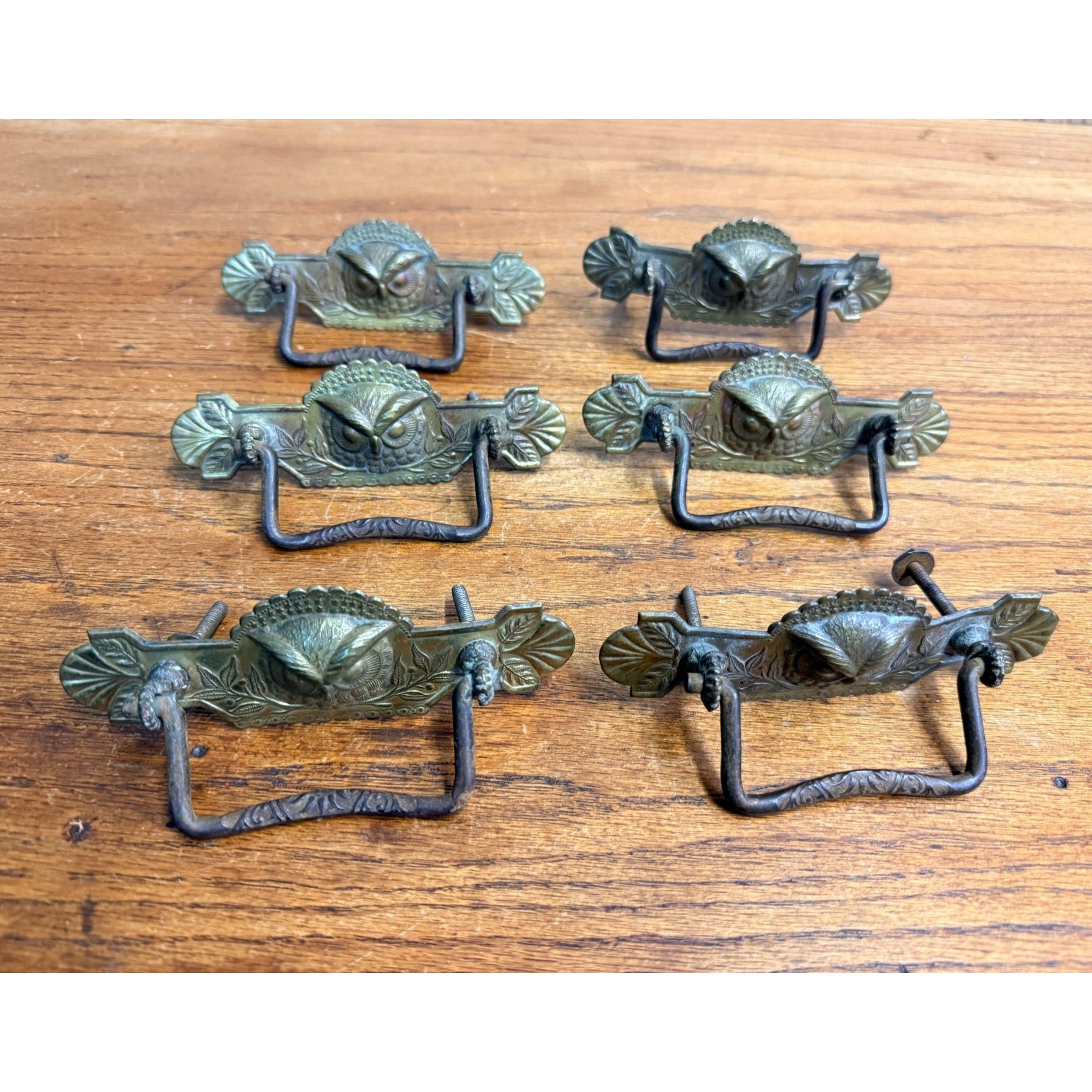 Antique Victorian Eastlake Owl Head Embossed Dresser Drawer Pulls Hardware