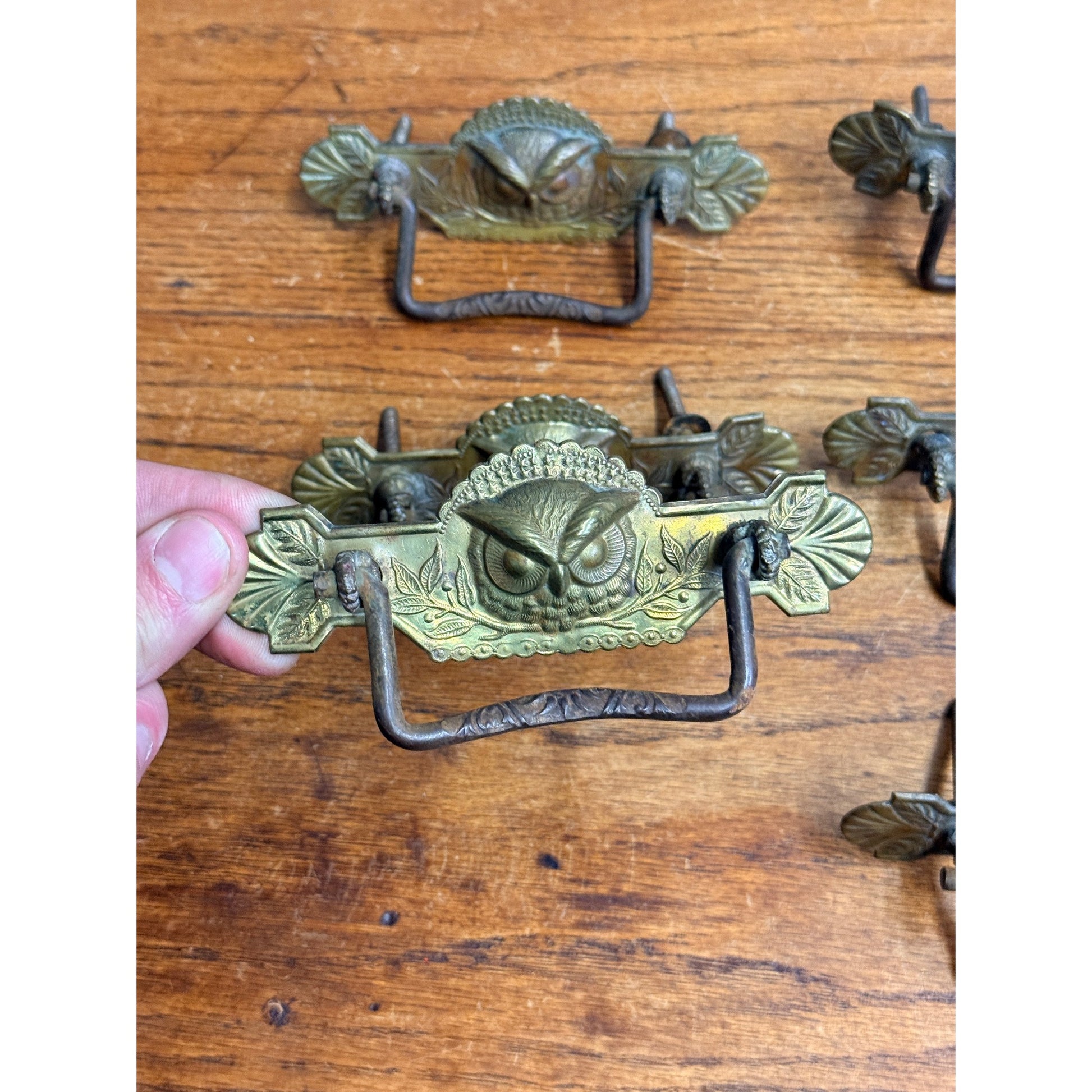 Antique Victorian Eastlake Owl Head Embossed Dresser Drawer Pulls Hardware