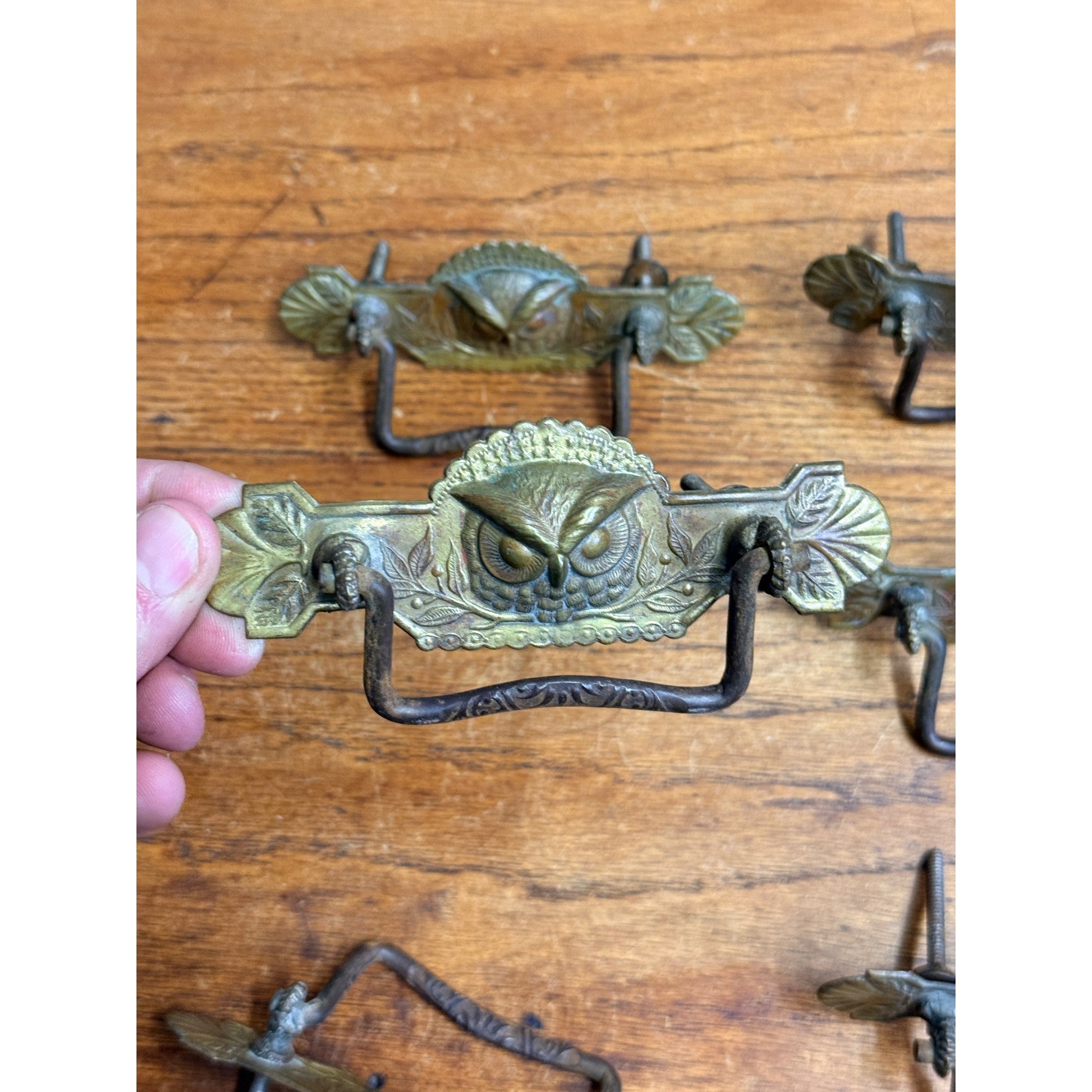 Antique Victorian Eastlake Owl Head Embossed Dresser Drawer Pulls Hardware