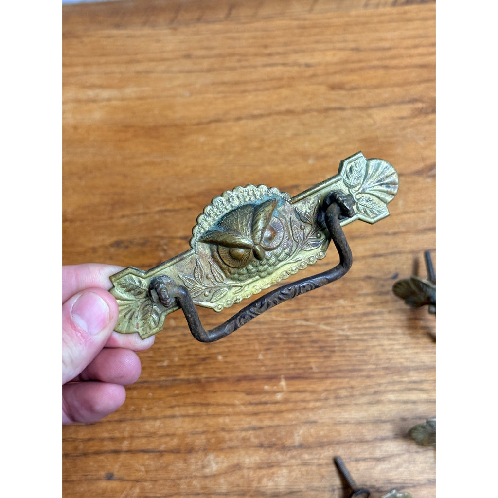 Antique Victorian Eastlake Owl Head Embossed Dresser Drawer Pulls Hardware