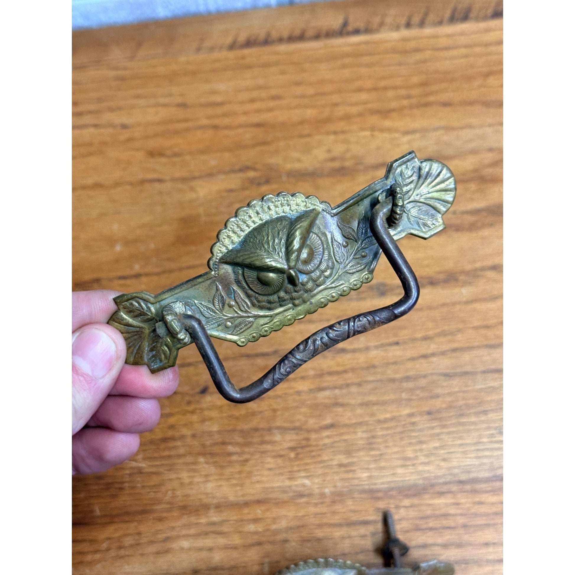 Antique Victorian Eastlake Owl Head Embossed Dresser Drawer Pulls Hardware