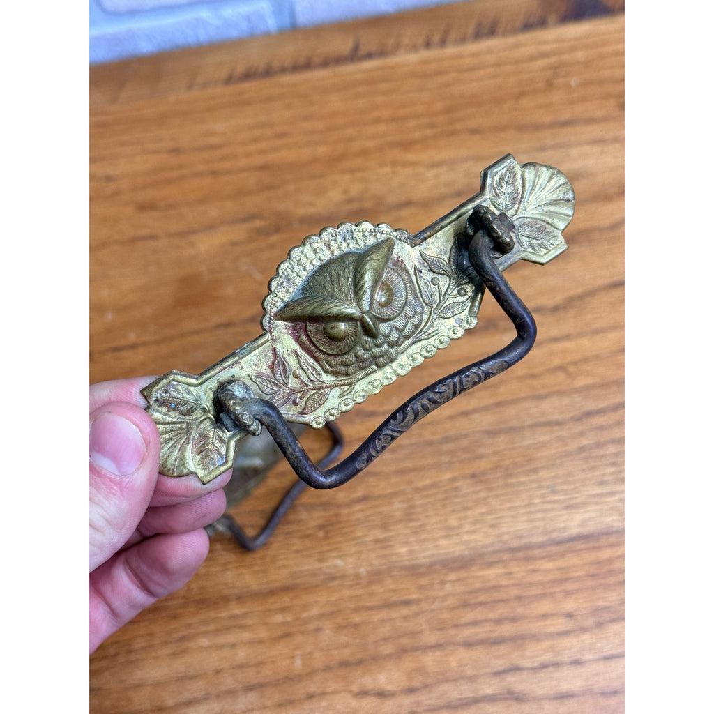 Antique Victorian Eastlake Owl Head Embossed Dresser Drawer Pulls Hardware