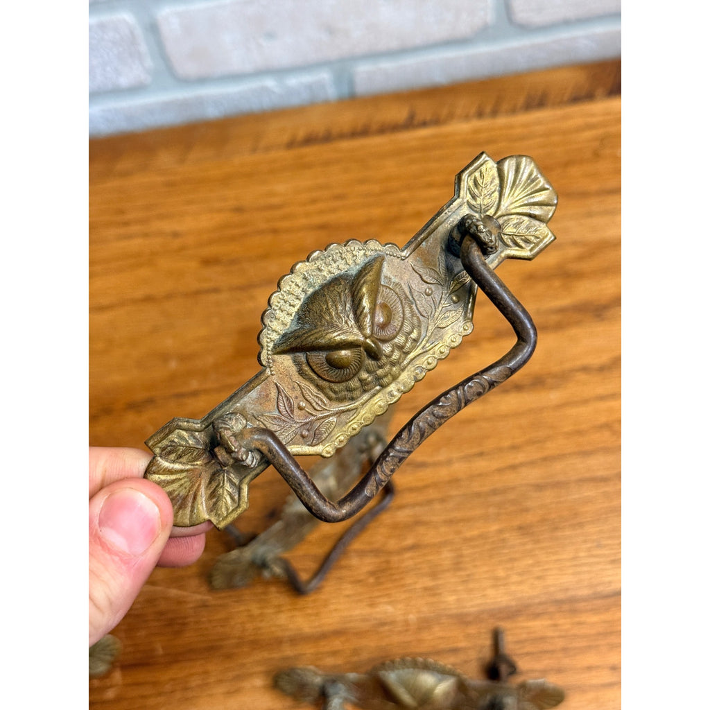 Antique Victorian Eastlake Owl Head Embossed Dresser Drawer Pulls Hardware