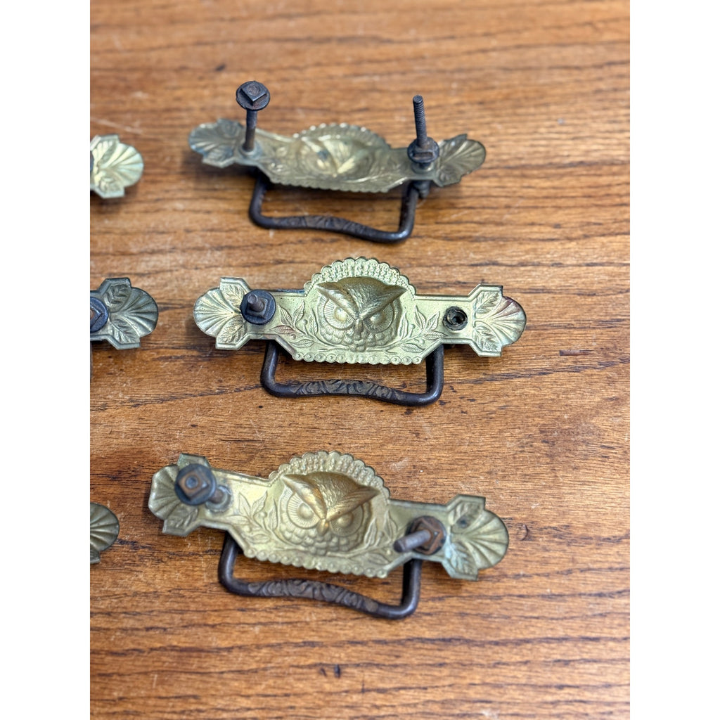 Antique Victorian Eastlake Owl Head Embossed Dresser Drawer Pulls Hardware