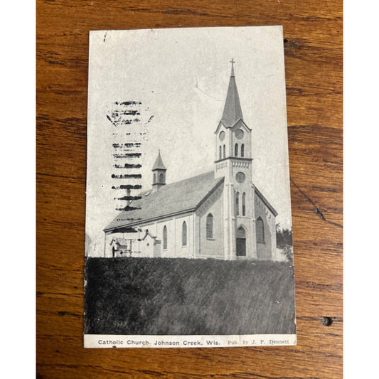 Vintage 1910 Catholic Church Johnson Creek Wisconsin Wis Original Postcard WI