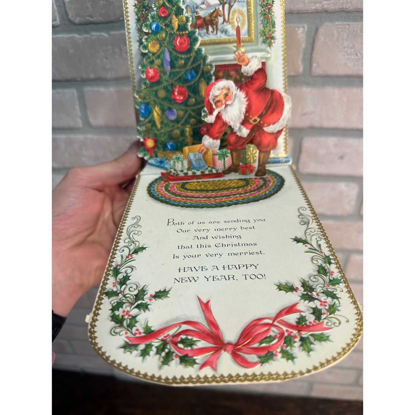 Vintage 1960s Hallmark 3D Pop Up Christmas Card Santa Tree Front Door