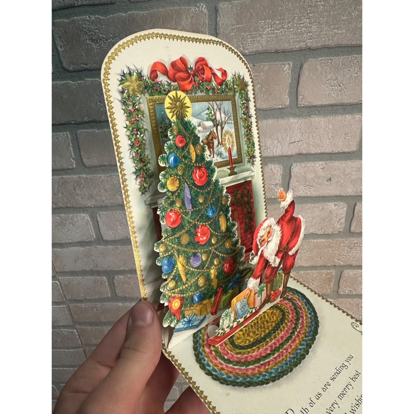 Vintage 1960s Hallmark 3D Pop Up Christmas Card Santa Tree Front Door