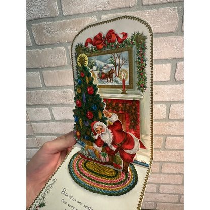 Vintage 1960s Hallmark 3D Pop Up Christmas Card Santa Tree Front Door