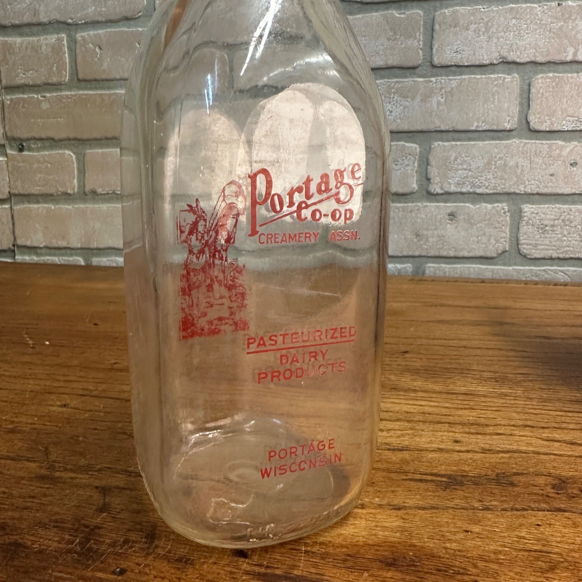 Portage Co-op Creamery Quart Milk Bottle Portage Wis Native American