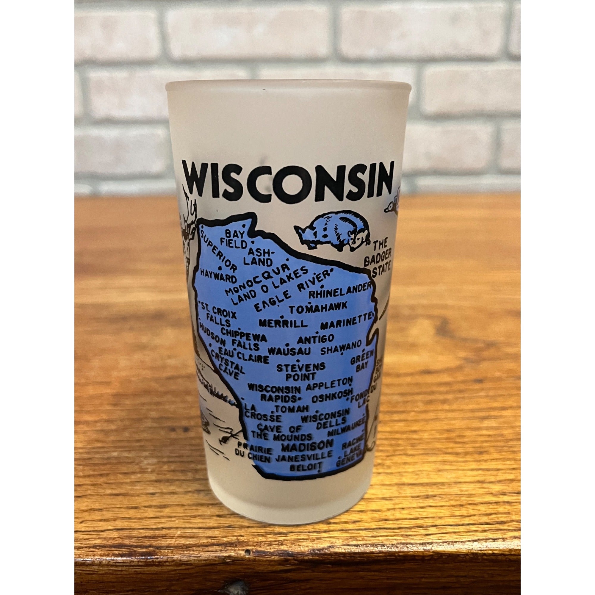 Vintage Frosted State Drinking Glass Wisconsin Map Badger State Hazel Atlas