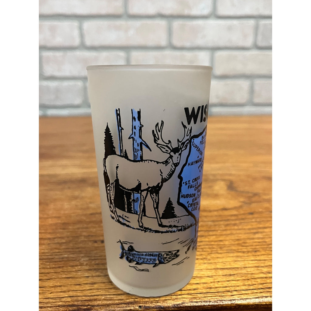 Vintage Frosted State Drinking Glass Wisconsin Map Badger State Hazel Atlas
