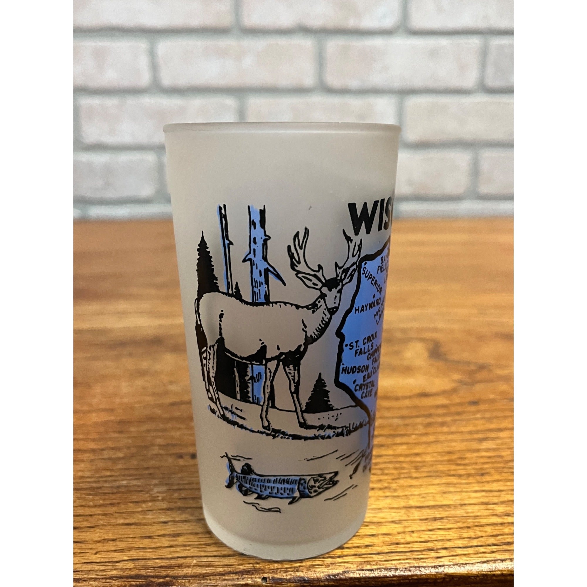 Vintage Frosted State Drinking Glass Wisconsin Map Badger State Hazel Atlas