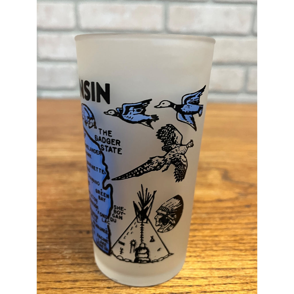 Vintage Frosted State Drinking Glass Wisconsin Map Badger State Hazel Atlas
