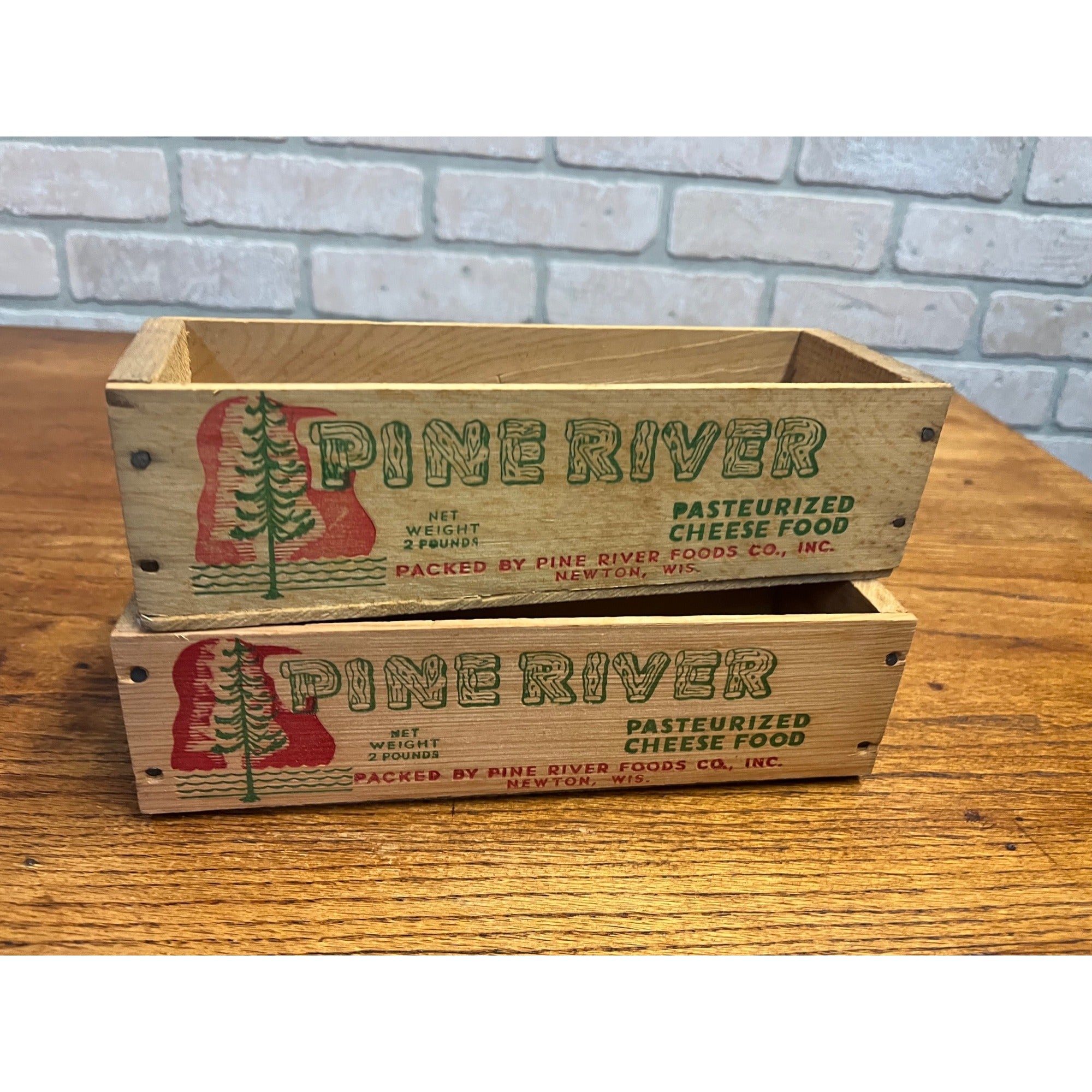 Vintage Pine River Wooden Cheese Boxes Lot (2) Newton Wis 2lb Country Kitchen Decor