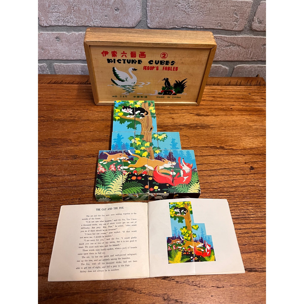 Vintage Aesop's Fables Picture Cubes Children's Puzzle Game and Story Booklet In Wooden Storage Box Complete China Circa 1965