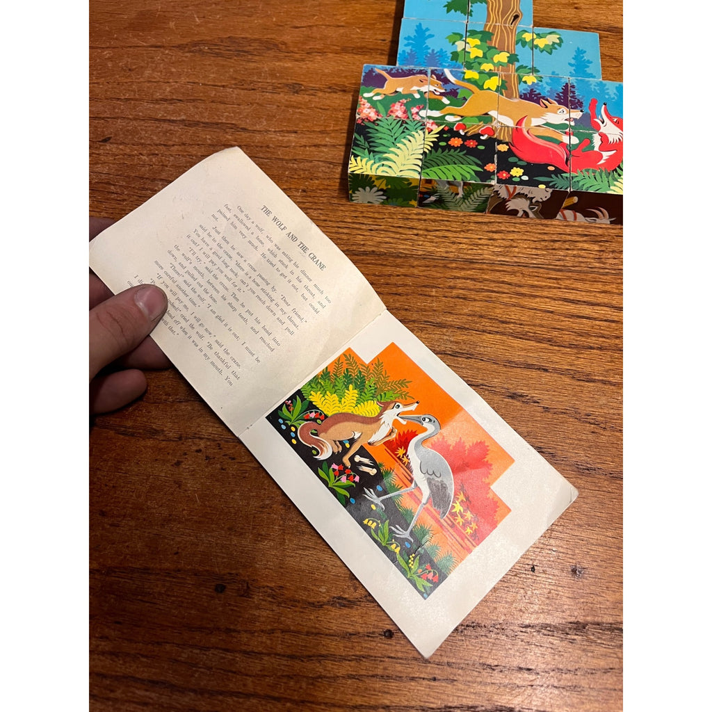 Vintage Aesop's Fables Picture Cubes Children's Puzzle Game and Story Booklet In Wooden Storage Box Complete China Circa 1965