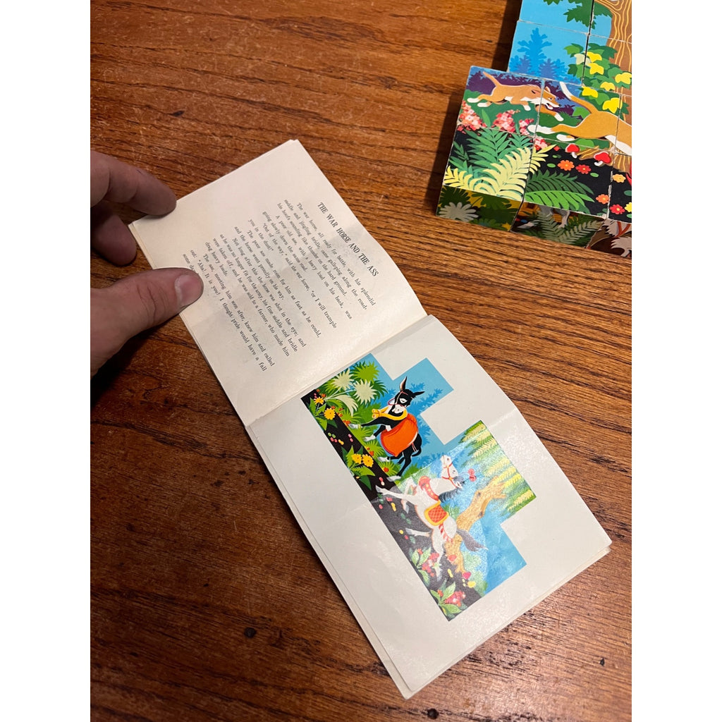 Vintage Aesop's Fables Picture Cubes Children's Puzzle Game and Story Booklet In Wooden Storage Box Complete China Circa 1965