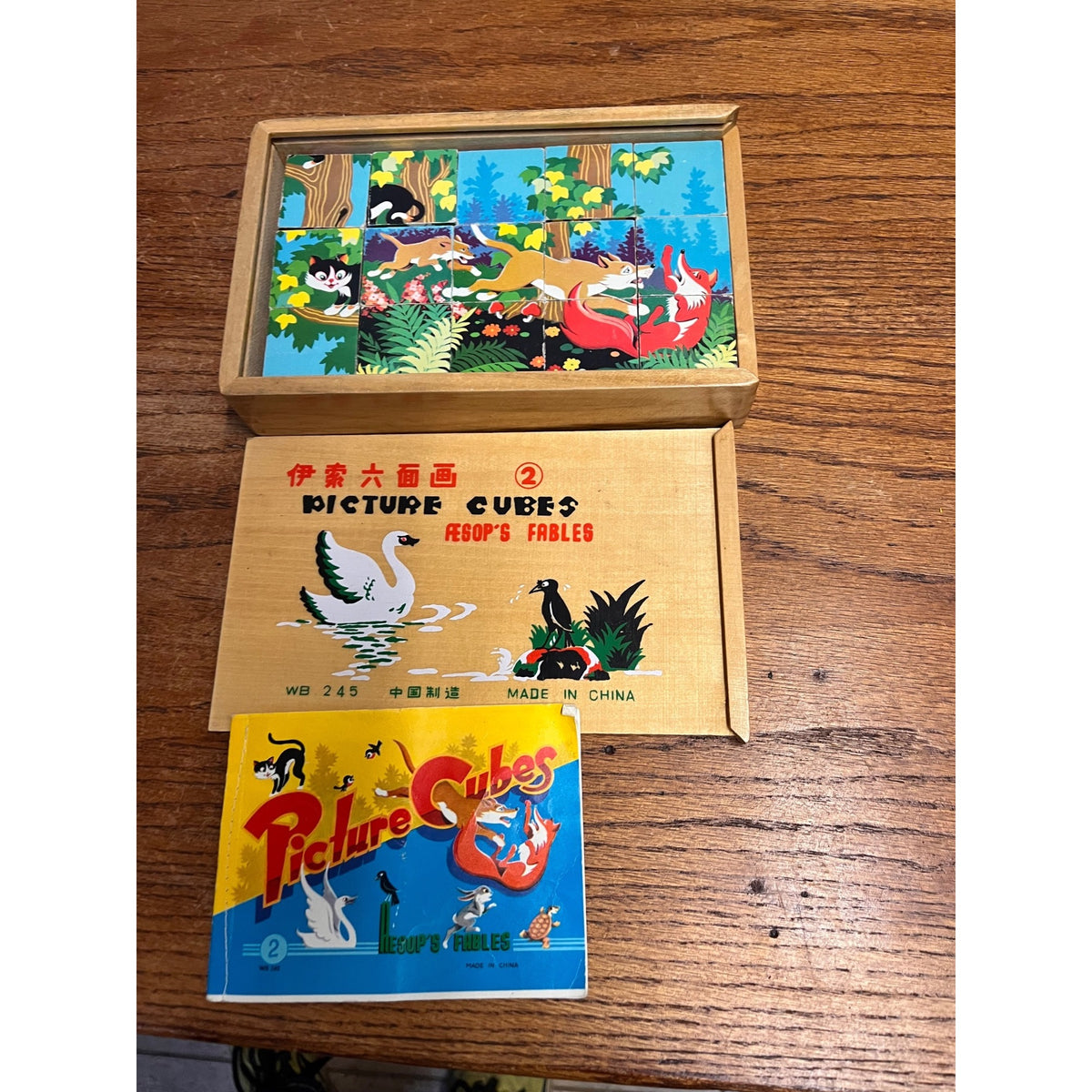 Vintage Aesop's Fables Picture Cubes Children's Puzzle Game and Story Booklet In Wooden Storage Box Complete China Circa 1965