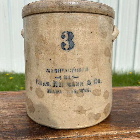 Antique 3 Gallon Hermann Milwaukee Wisconsin Stoneware Crock Salt Glaze