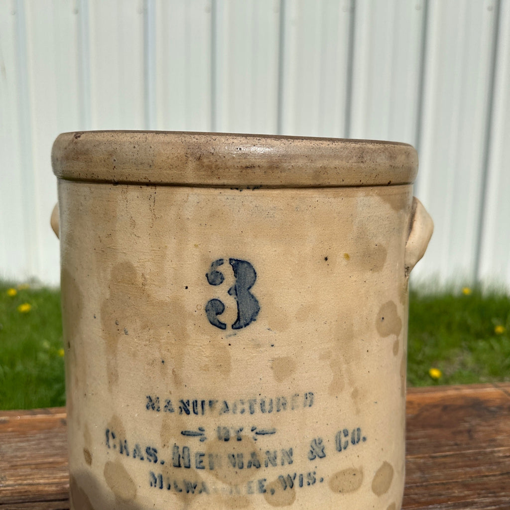 Antique 3 Gallon Hermann Milwaukee Wisconsin Stoneware Crock Salt Glaze