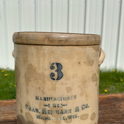 Antique 3 Gallon Hermann Milwaukee Wisconsin Stoneware Crock Salt Glaze
