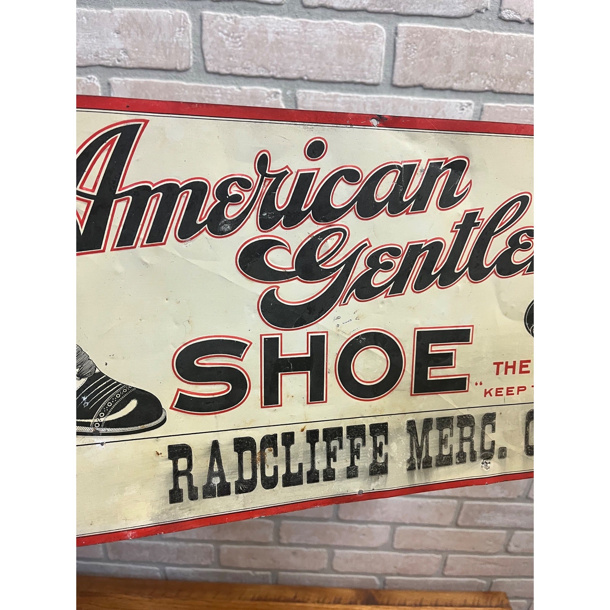 Vintage Antique Tin Advertising Sign American Gentleman Shoe Radcliffe Merc. Co.