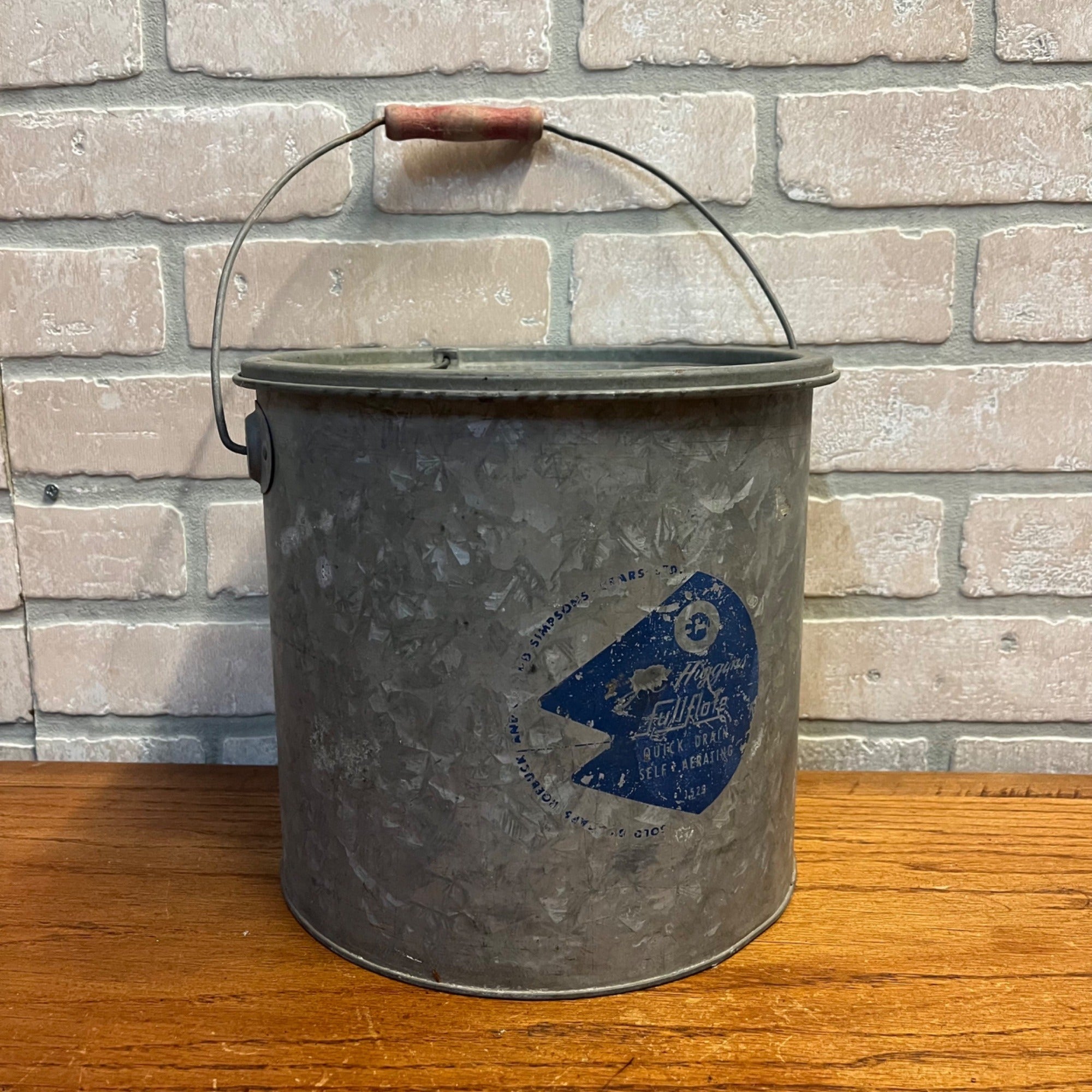 Vintage Metal Full Flote JC Higgens Minnow Bucket With Lid and Wire Handle With Red Wood Grip Sears and Roebuck Primitive Cabin Decor