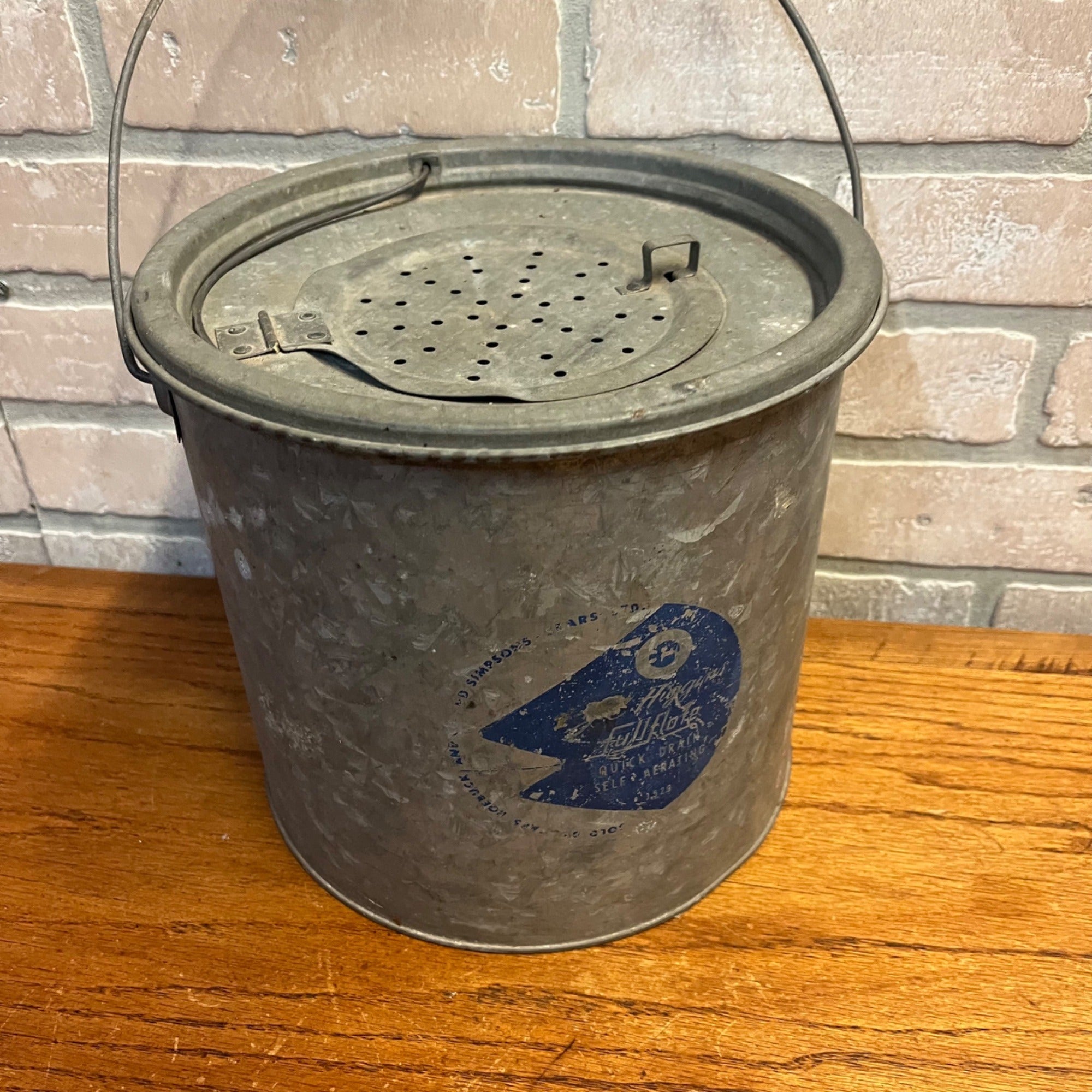 Vintage Metal Full Flote JC Higgens Minnow Bucket With Lid and Wire Handle With Red Wood Grip Sears and Roebuck Primitive Cabin Decor