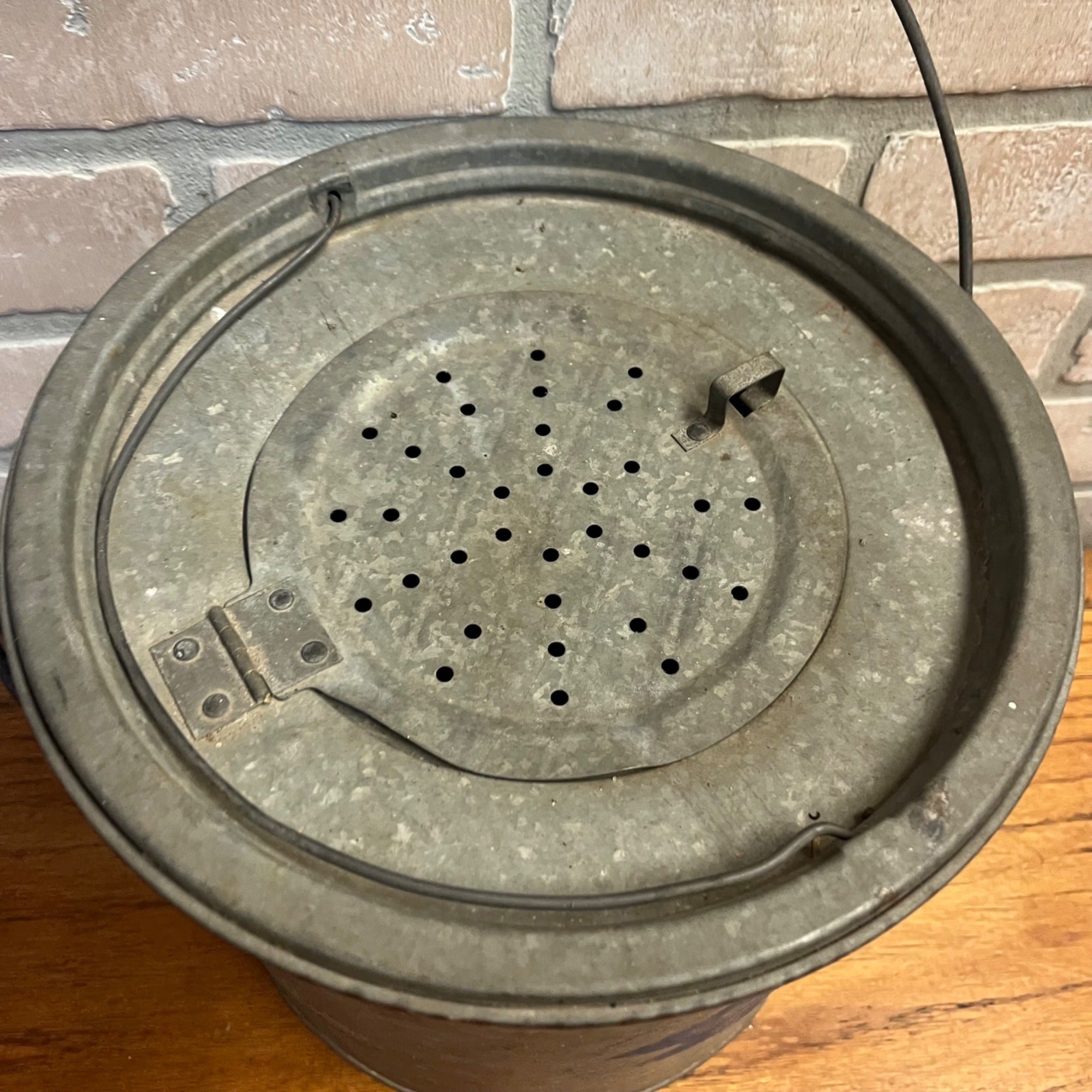 Vintage Metal Full Flote JC Higgens Minnow Bucket With Lid and Wire Handle With Red Wood Grip Sears and Roebuck Primitive Cabin Decor